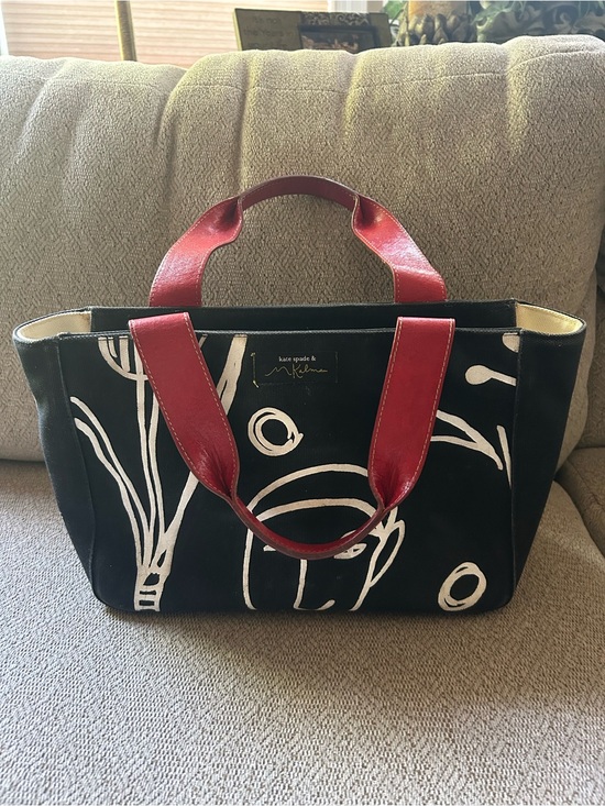 kate spade Handbags - kate spade M Kalman Vtg Rare Black Canvas Bag Red Leather Handles Artsy Pop Art